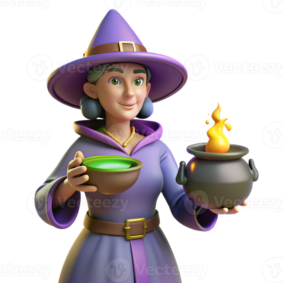 Witch, Potion, Cauldron, Halloween A magical scene of a witch brewing a potion in a cauldron, capturing the essence of Halloween in a digital world. png