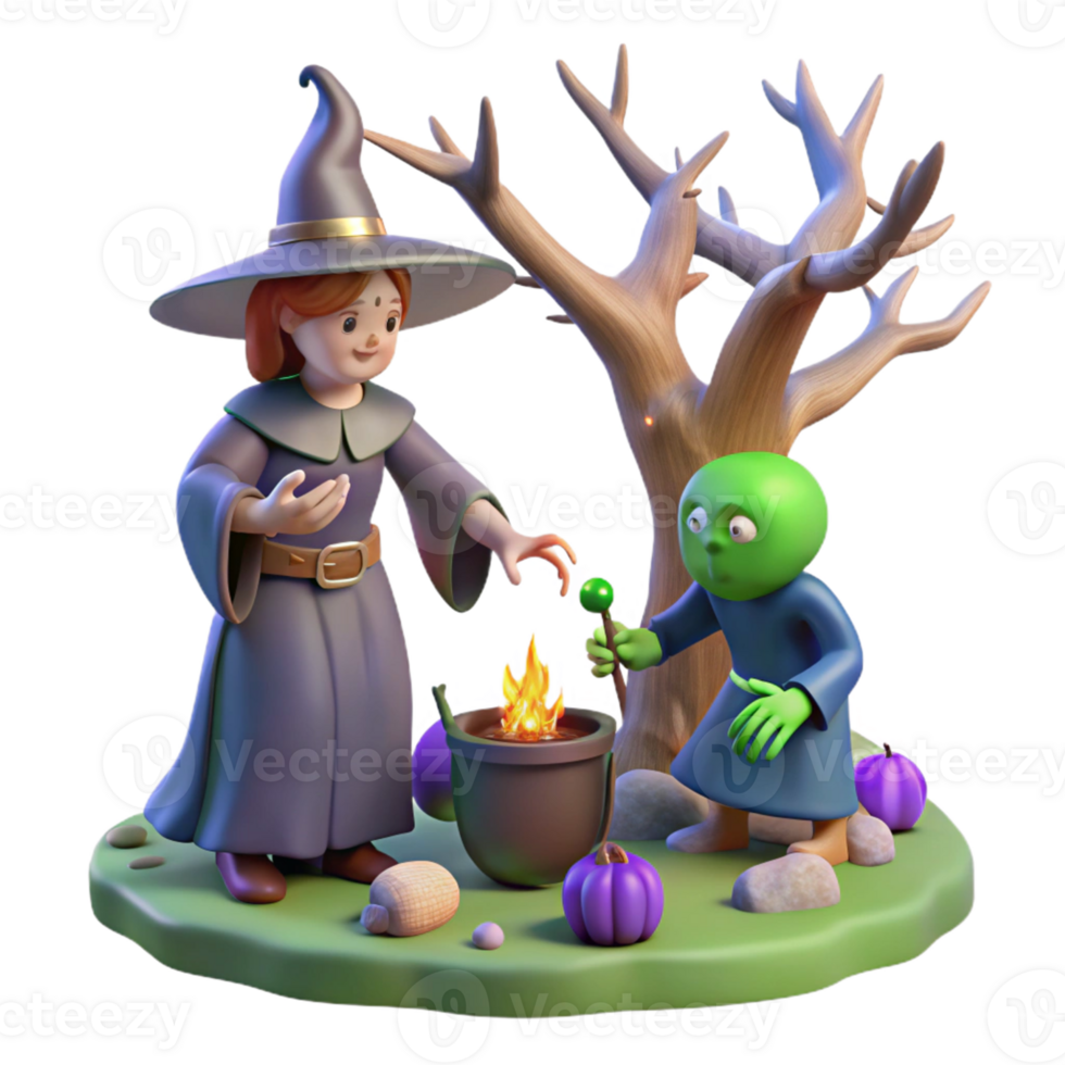 Halloween Witch and Goblin Brew A magical scene of a witch brewing a potion with a goblin, capturing the essence of Halloween in a digital world. png
