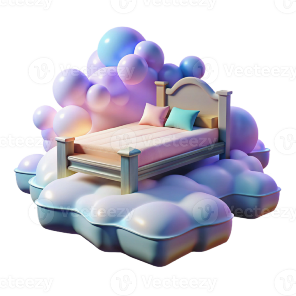 Dreamy 3D Render of a Bed on Clouds, Pastel Colors, Sweet Dreams Illustration png