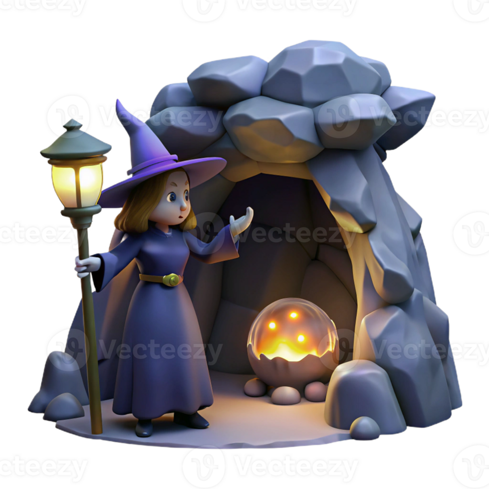 Witch, Cave, Lantern, Magic, Fantasy A magical scene of a witch navigating a cave with a lantern, capturing the essence of fantasy in a digital world. png