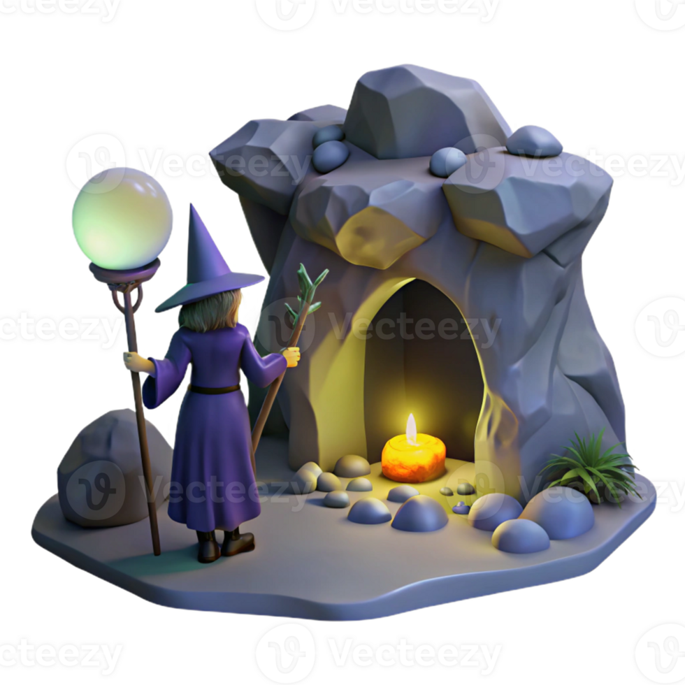 Witch at Cave Entrance with Glowing Orb in a Mystical Setting png