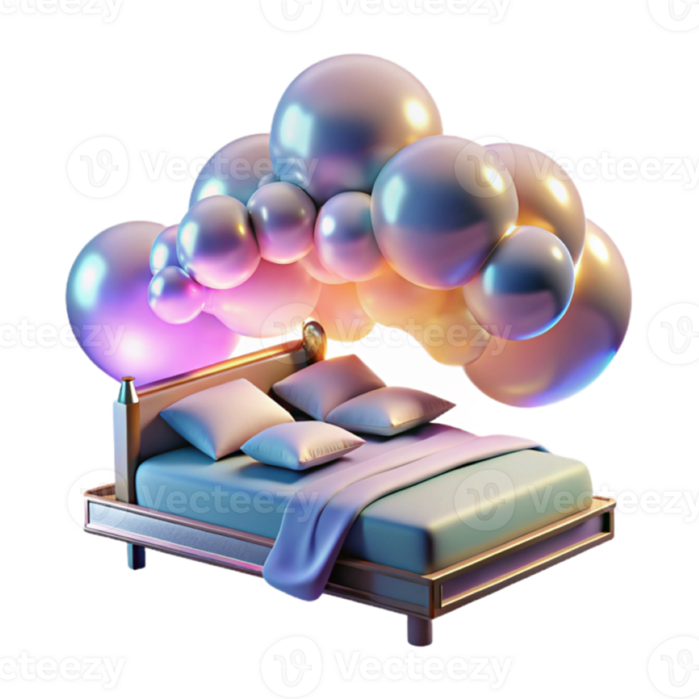 Dreamy 3D Render of a Bed Underneath a Cloud of Pearls png