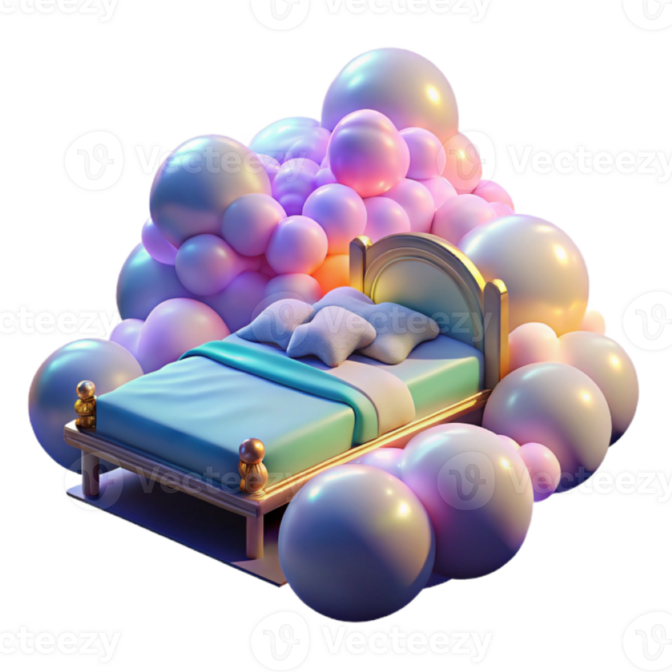 Dreamy 3D Render of a Bed in a Bubble Cloud, Peaceful Sleep Illustration png