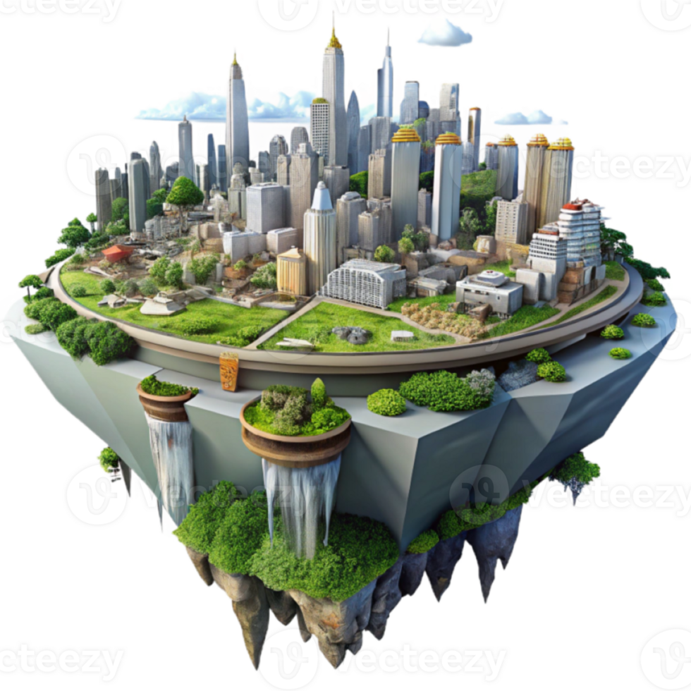 Floating City Island 3D Illustration Lush Greenery Urban Skyline Eco-Friendly Metropolis Fantasy Cityscape png
