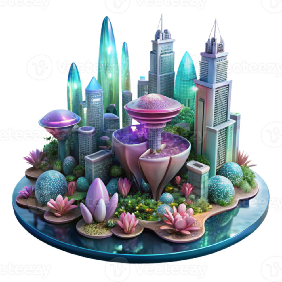 Futuristic Cityscape Fantasy 3D Illustration Lush Garden png