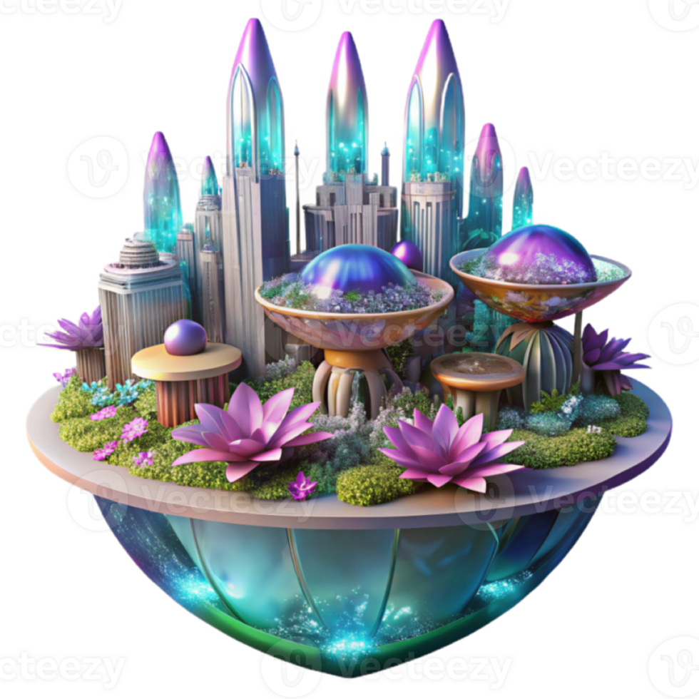 Enchanted Floating City 3D Illustration Lush Gardens Futuristic Architecture png