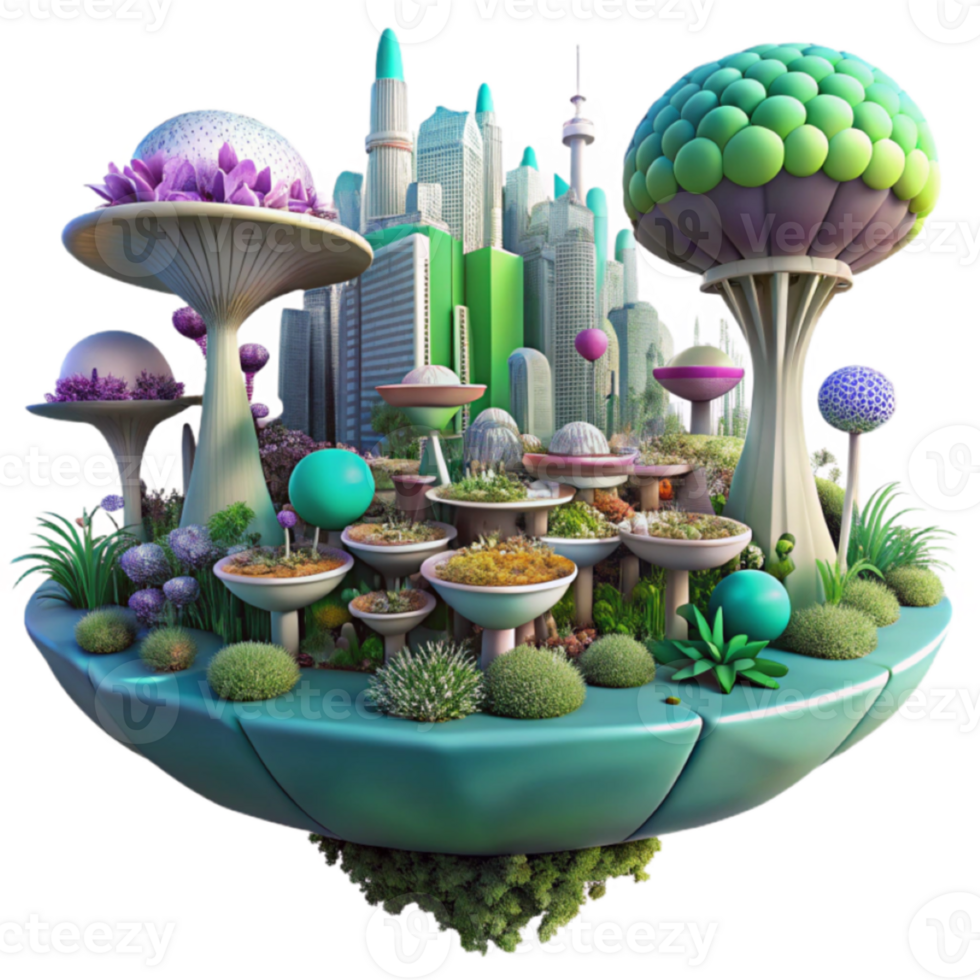 Floating Cityscape Fantasy 3D Illustration Urban Oasis with Bioluminescent Mushrooms and Futuristic Architecture png