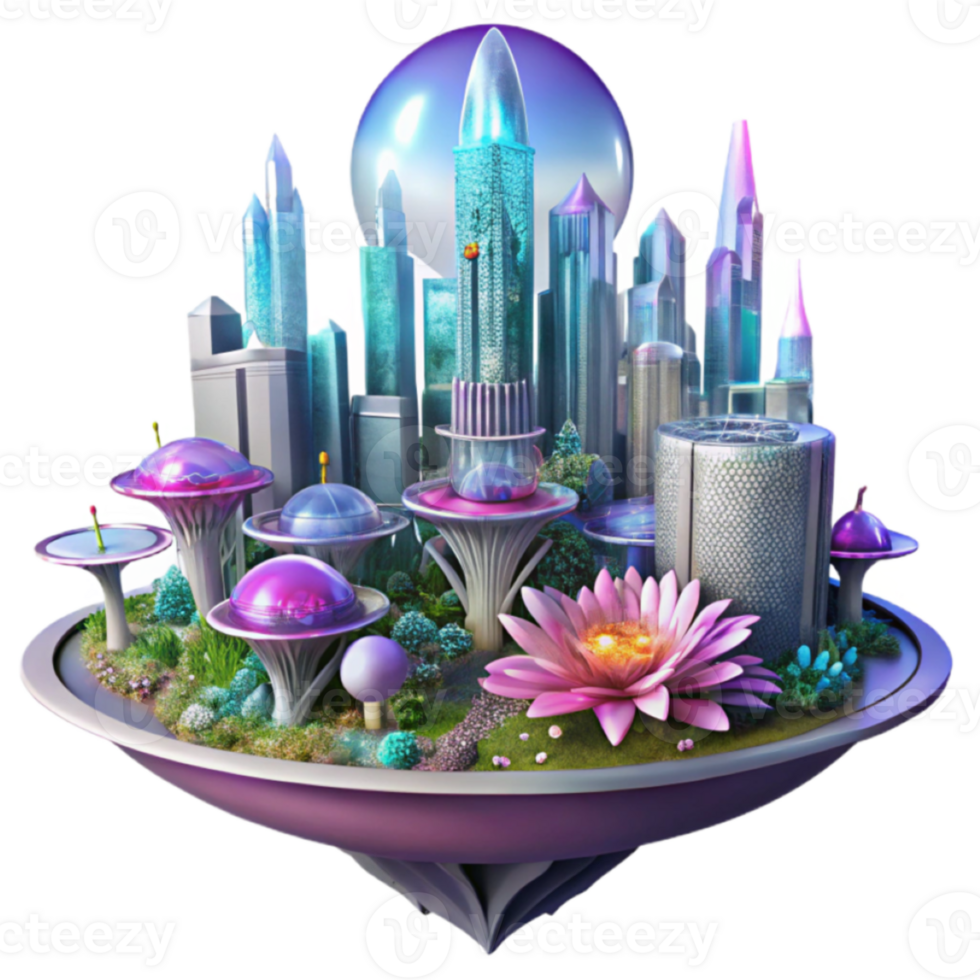Futuristic Cityscape Illustration Vibrant 3D Render of a Floating City with Bio-Luminescent Flora png
