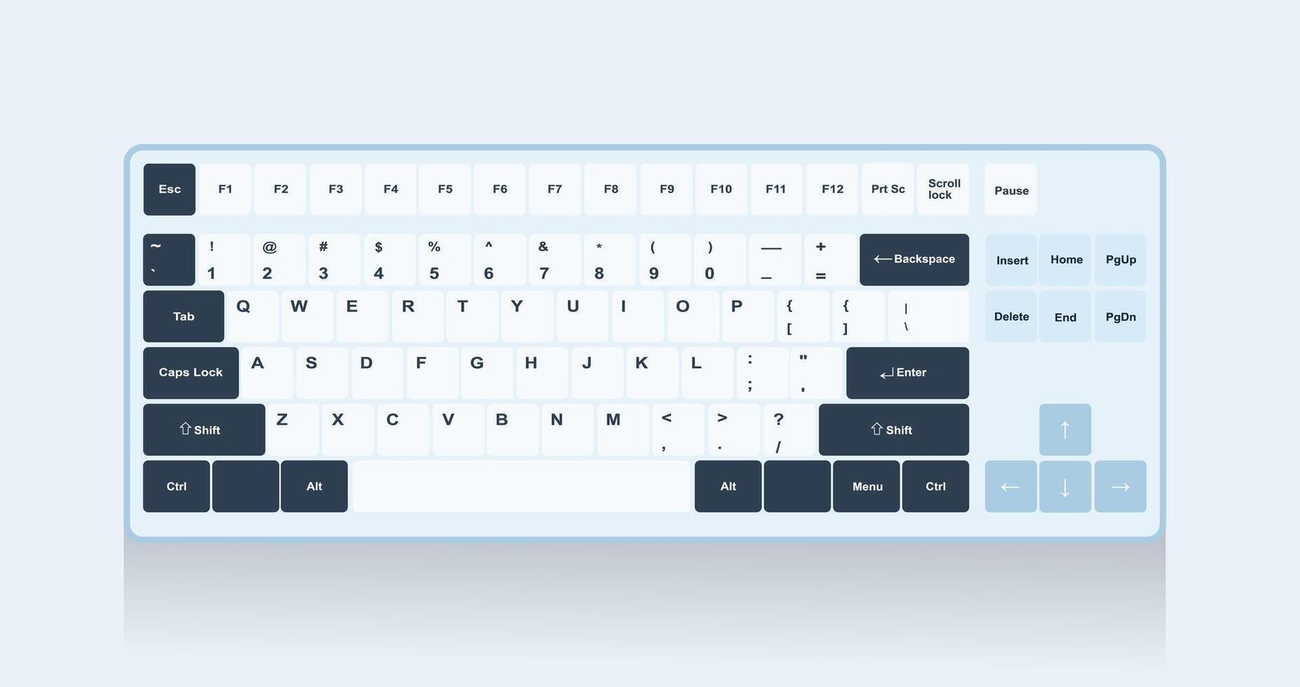 A full-size keyboard in a combination of white and dark blue, with a cold white snow theme gives it a clean and minimalist look vector