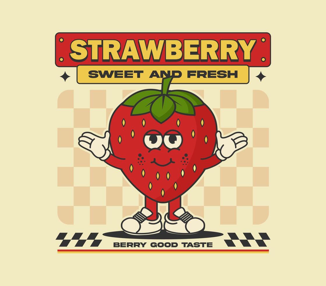 Strawberry retro mascot character, design can be used as t shirt, sticker, poster, print design, apparel design vector