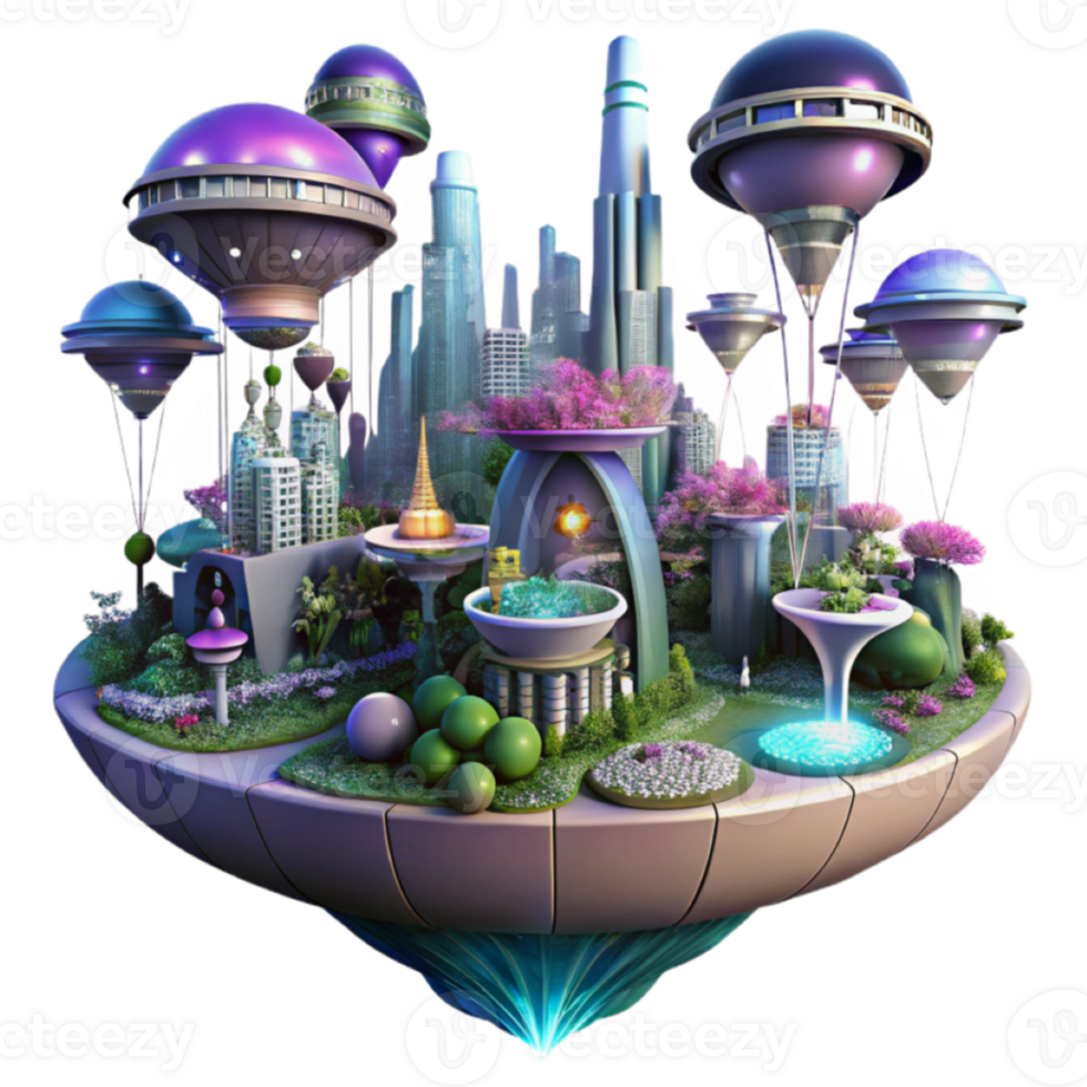 Futuristic Floating City Island 3D Illustration A Vibrant Metropolis in the Sky png