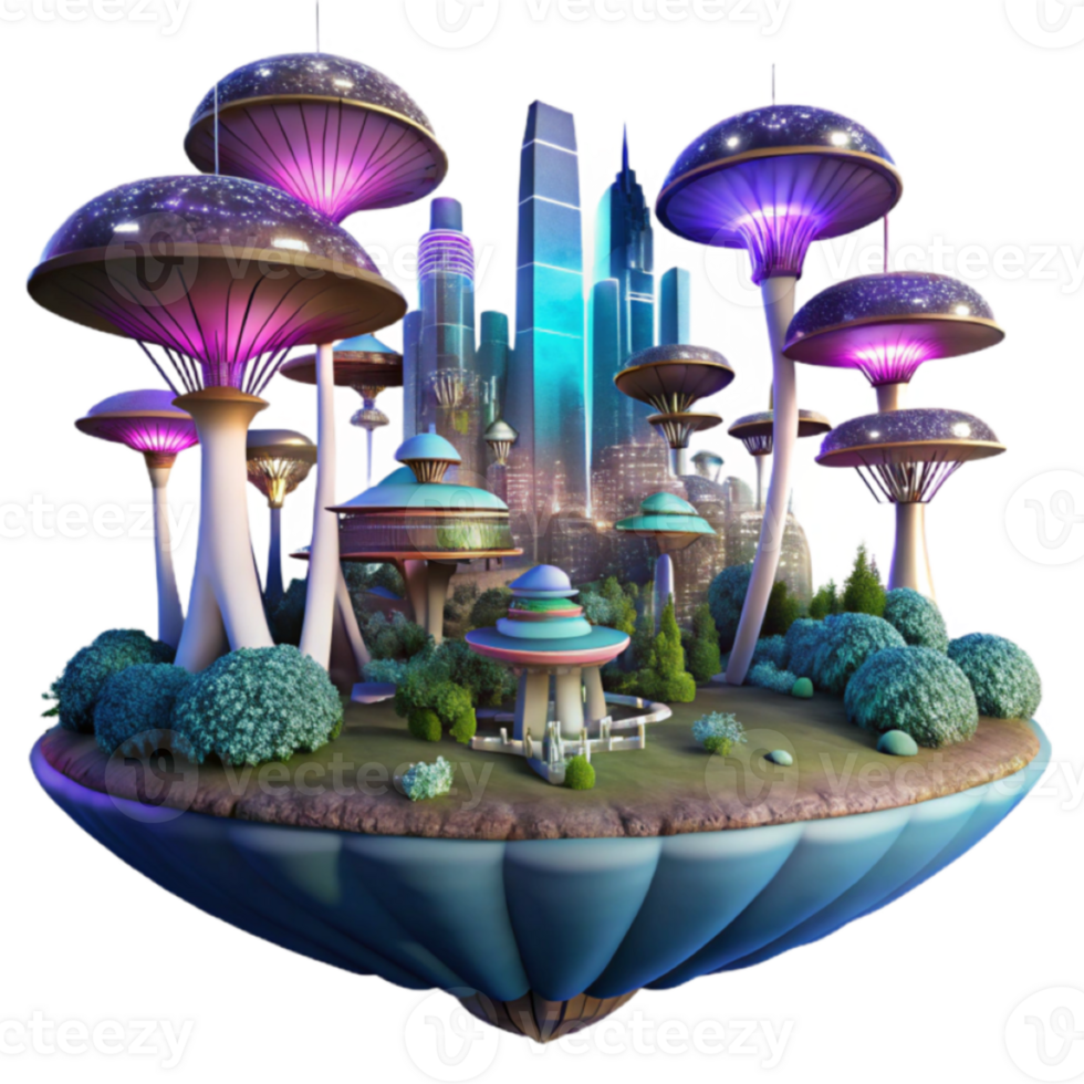 Futuristic City Island with Glowing Mushroom Houses 3D Illustration png
