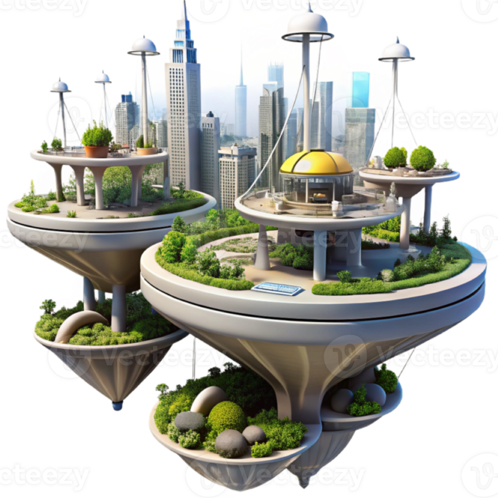 Futuristic Eco-City A 3D Illustration of Floating Gardens and Modern Architecture png