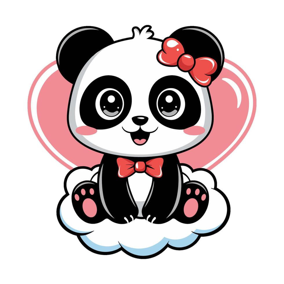 Cute whimsical panda illustration sitting on a cloud with a heart backdrop and a bow vector