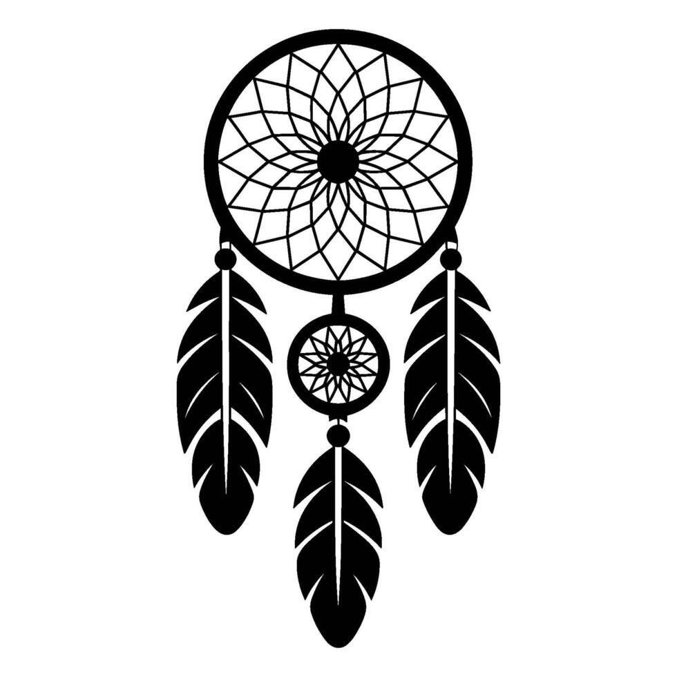 Dream catcher design featuring multiple feathers and intricate web patterns in black and white style vector