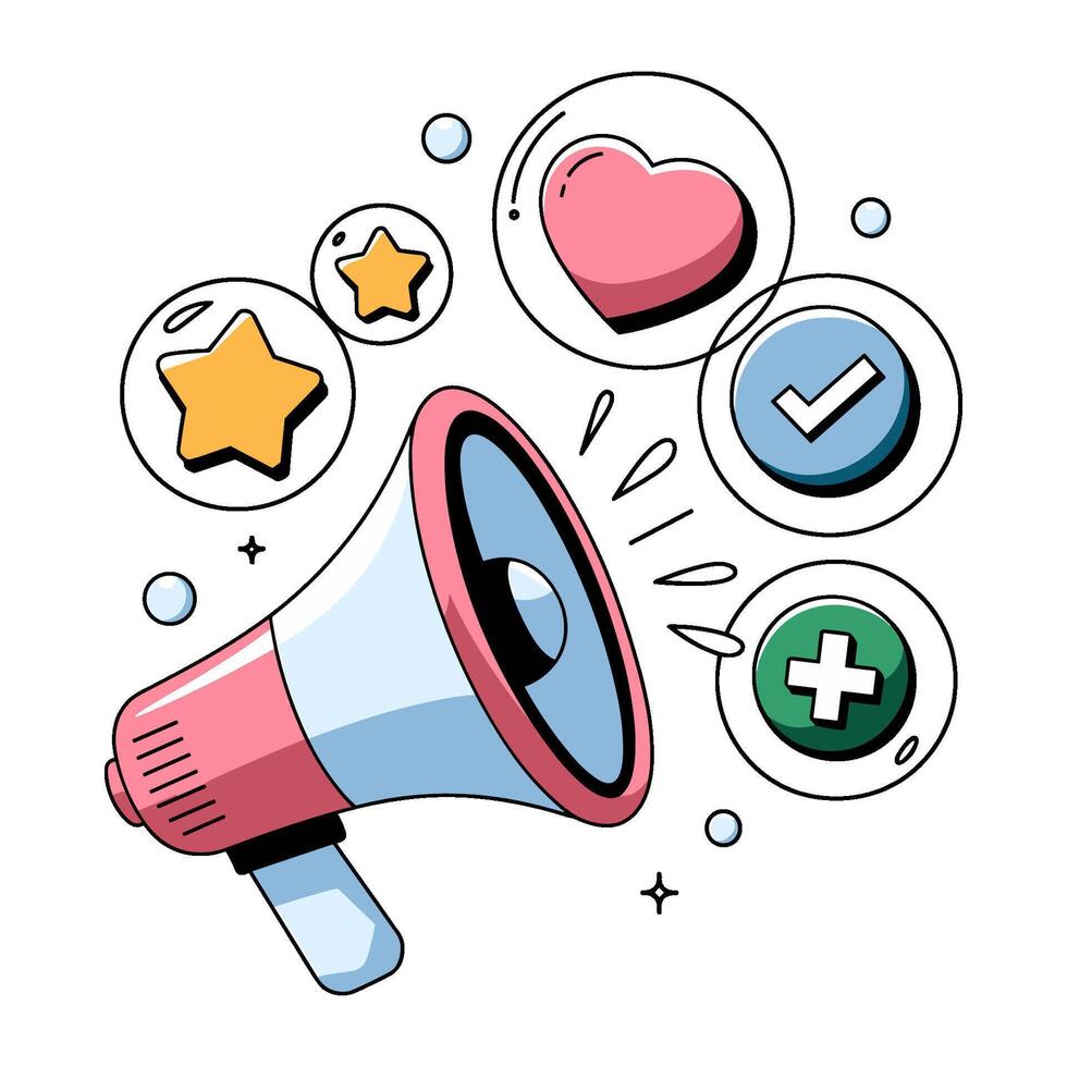 Creative megaphone design with symbols representing positive engagement in social media, image vector