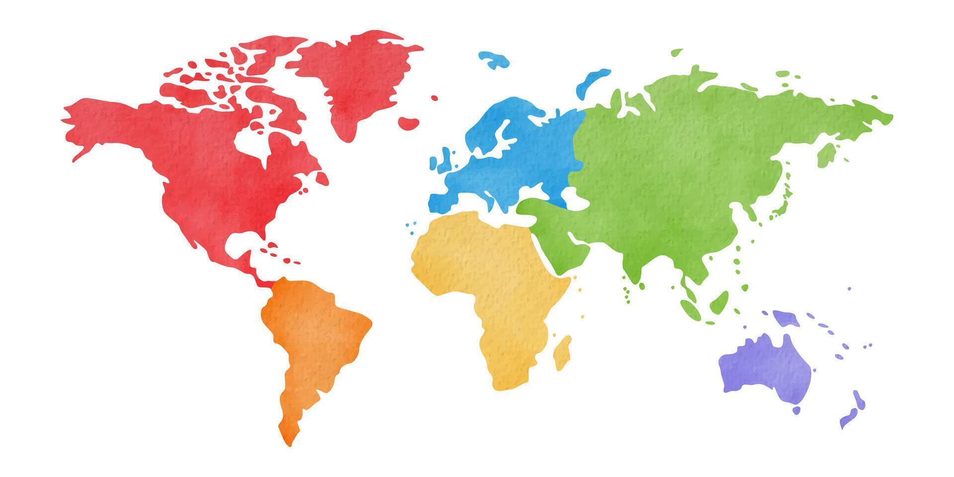 Watercolor world map divided into six continents isolated on white background vector