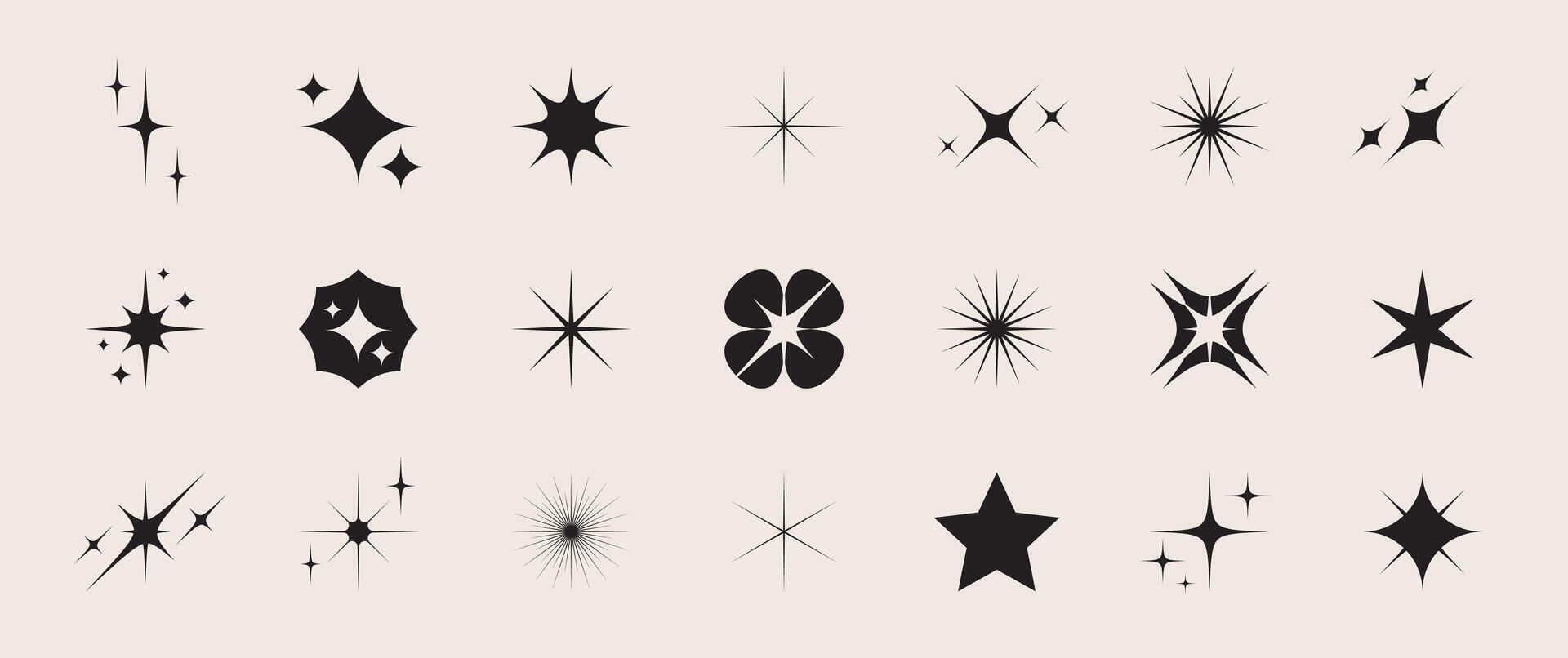 Star icons and twinkling shapes, including sparkles, sunbursts, and light flares. Collection of abstract shining designs. vector