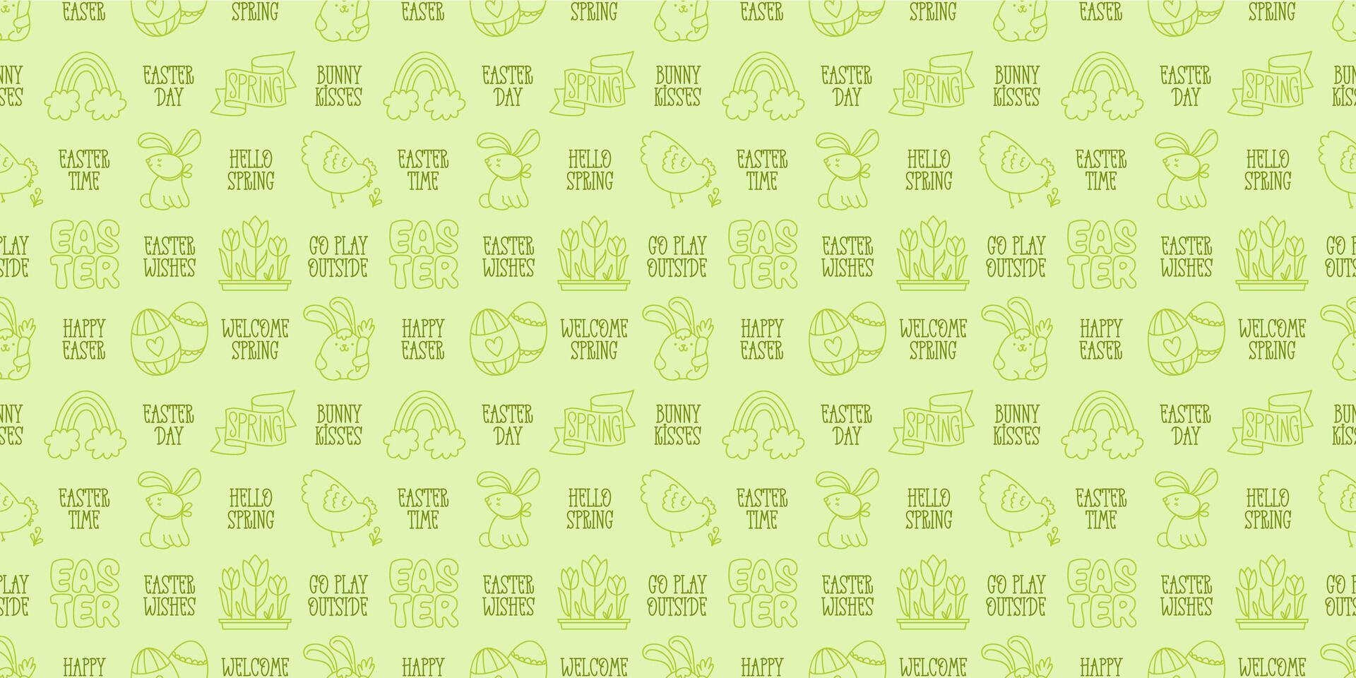Easter hand-drawn doodle and lettering seamless pattern. Cute color monochrome spring symbols chickens and rabbits, eggs and flowers and short festive phrases vector