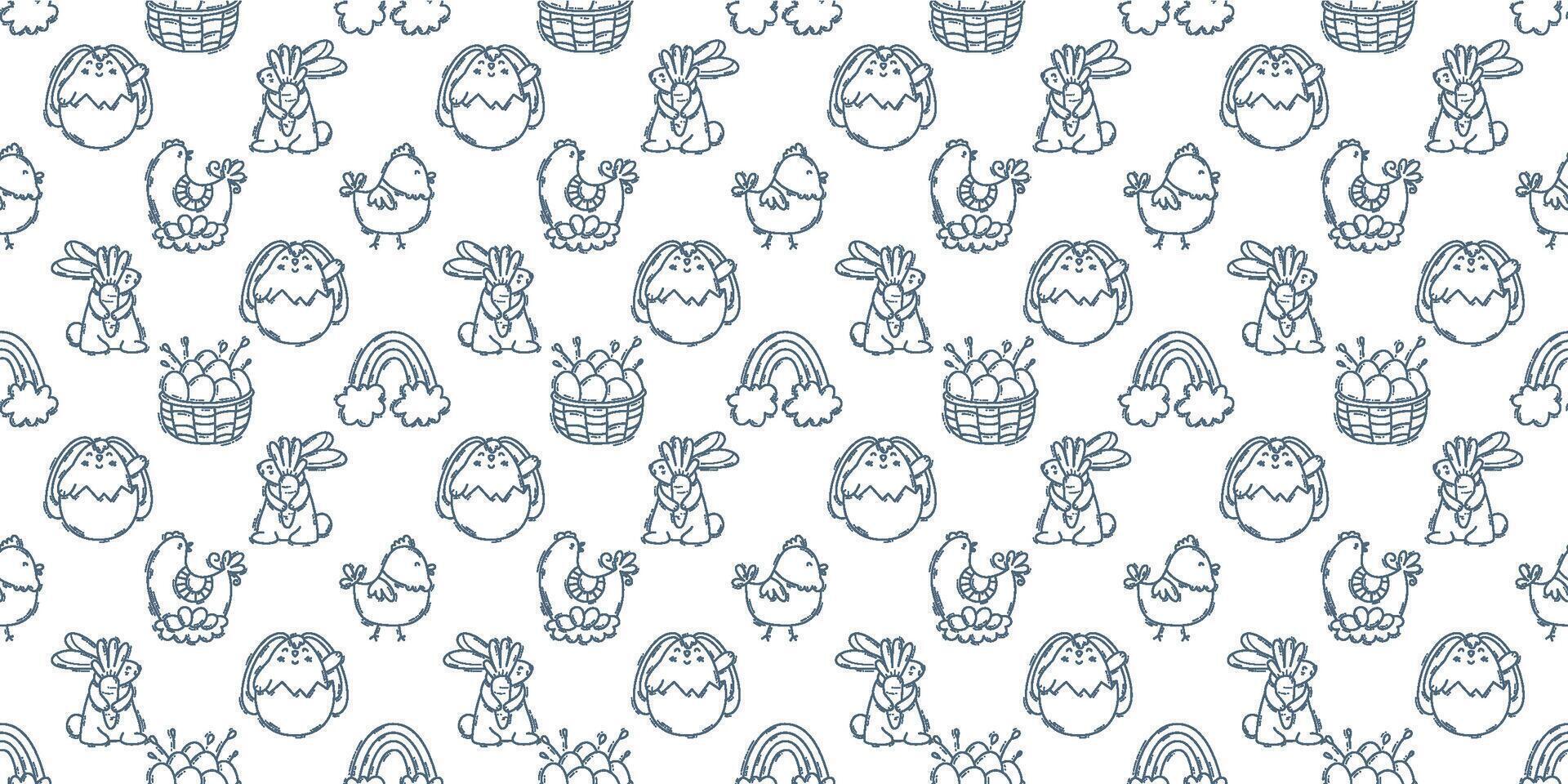 Easter hand-drawn engraving doodle seamless pattern. Cute black and white spring symbols with double strokes - chickens and rabbits, eggs and flowers vector