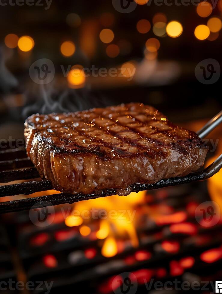 Perfectly grilled steak with charred marks sizzling over an open flame, lifted by tongs with a warm, smoky ambiance in the background. photo