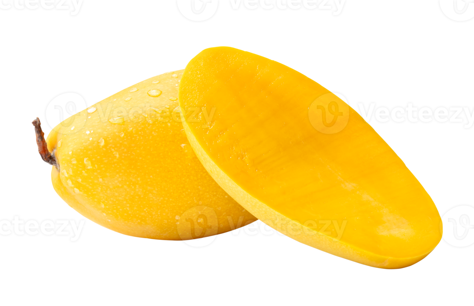 A yellow mango with half and water drops in stack isolated with clipping path in file format png