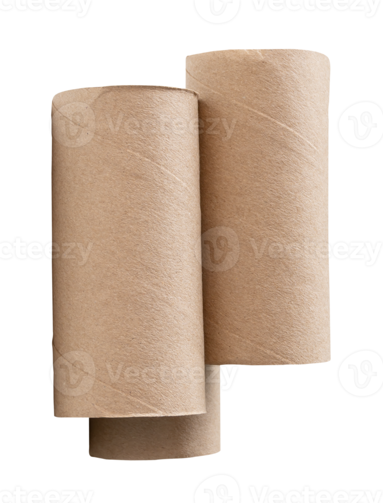 A vertical heap of tissue paper cores or toilet paper tubes isolated with clipping path in file format png