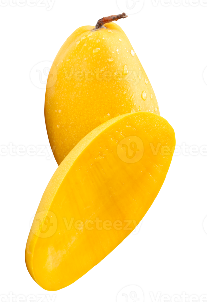 A vertical photo of single ripe yellow mango with half and water drops in stack isolated with clipping path in file format png