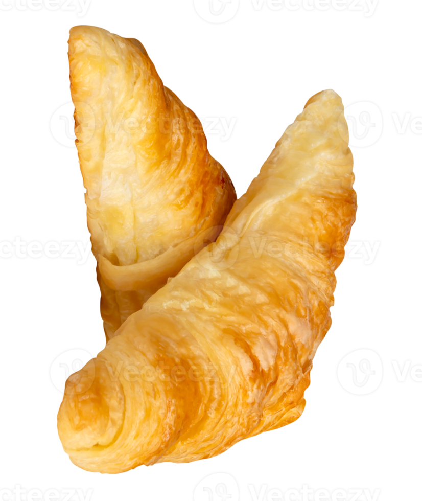A vertical stack of two brown or golden croissants in stack isolated with clipping path in file format png