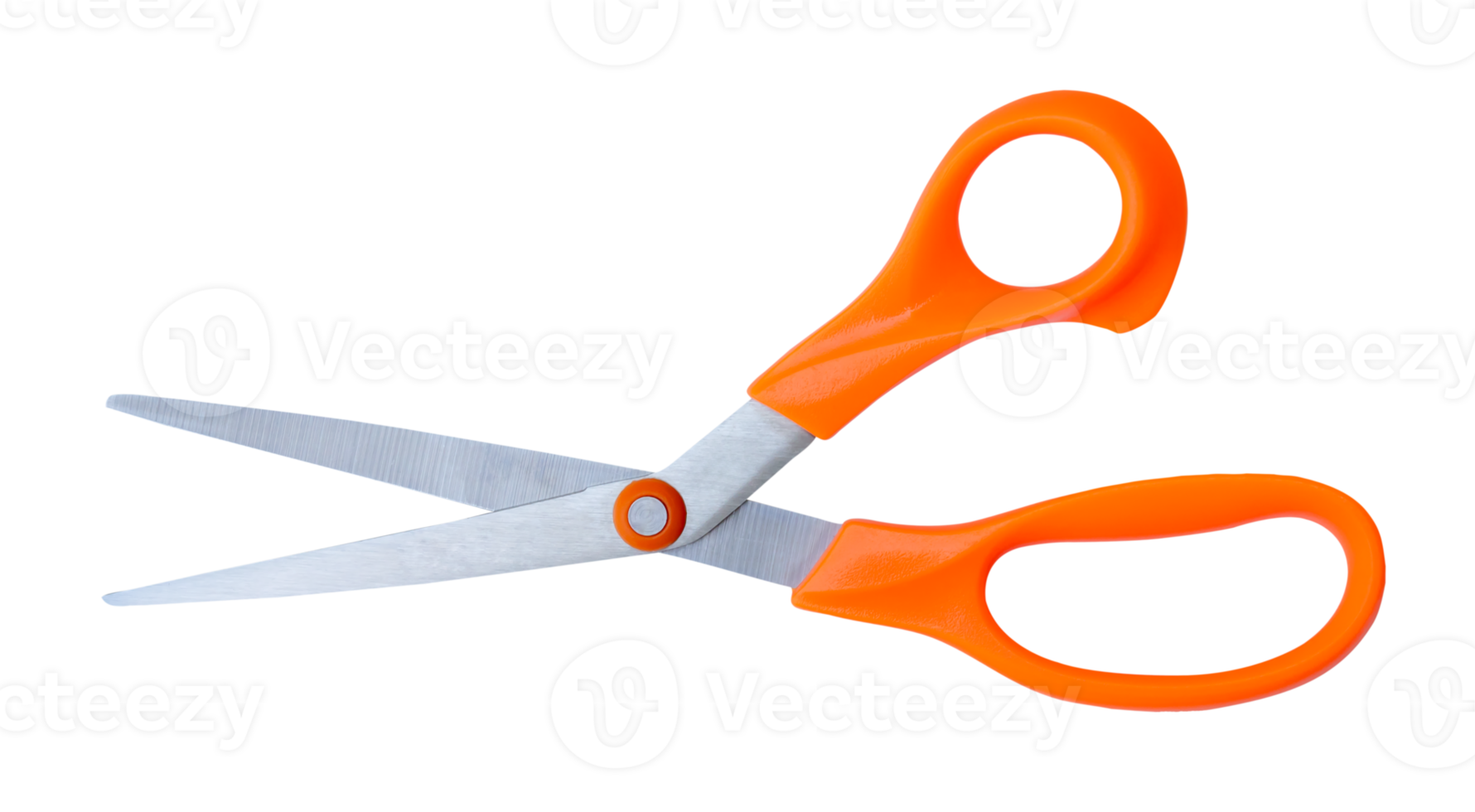 Medium open multipurpose scissors with orange handle in horizon isolated with clipping path in file format png