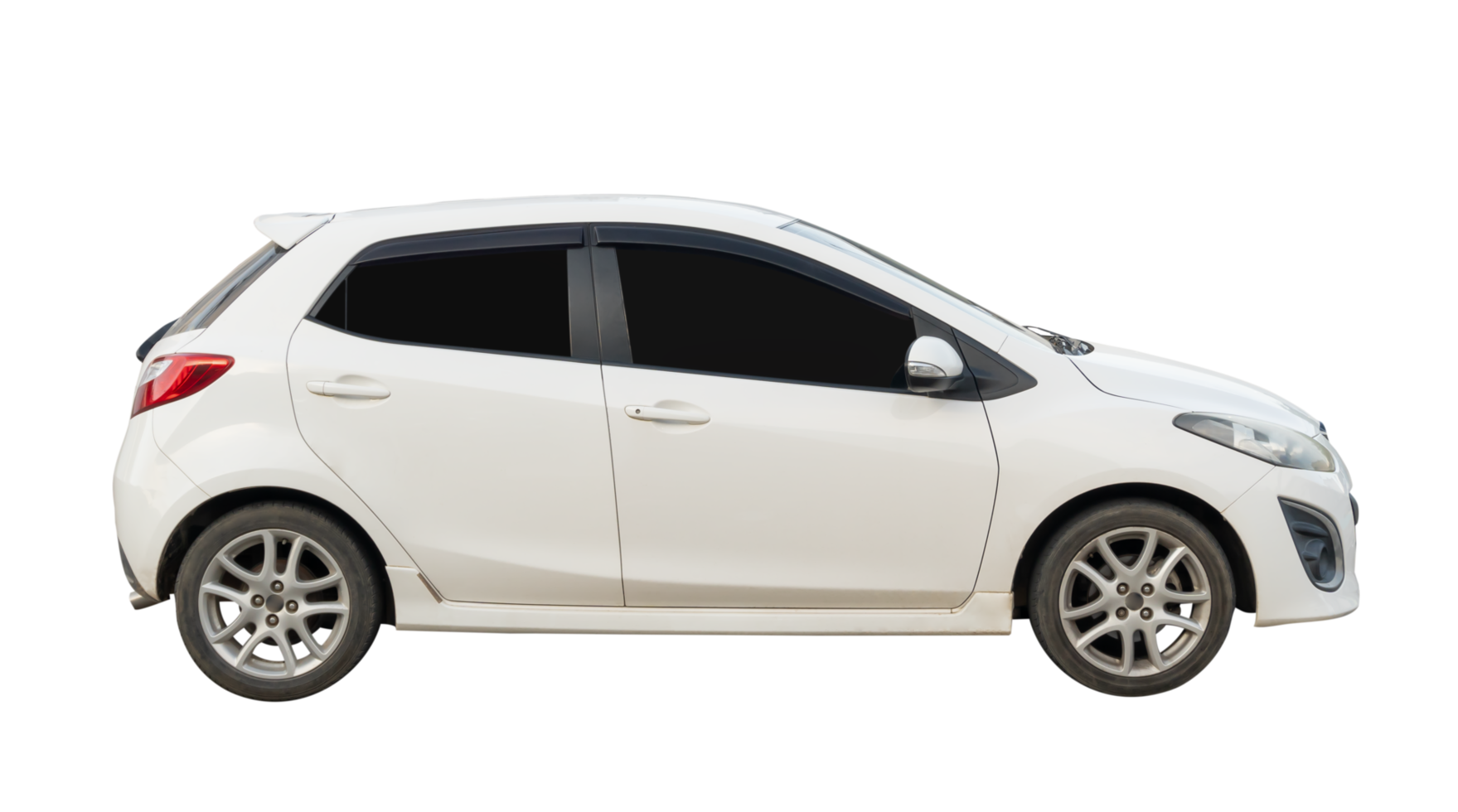 A mini or small white sports hatchback car isolated with clipping path in file format Side view white car png
