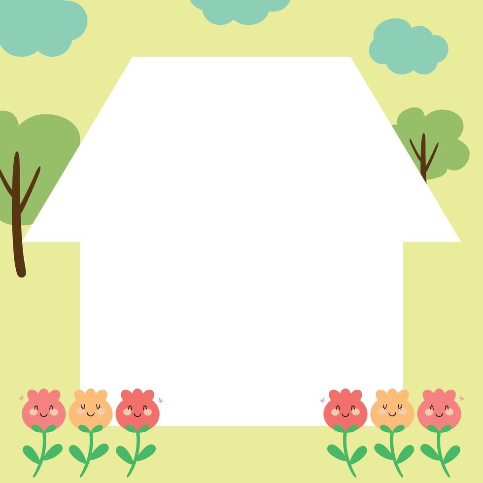 Cute house in paper note. Cartoon design stationery template. Image for cards, stickers, paper sheets. Kawaii vector