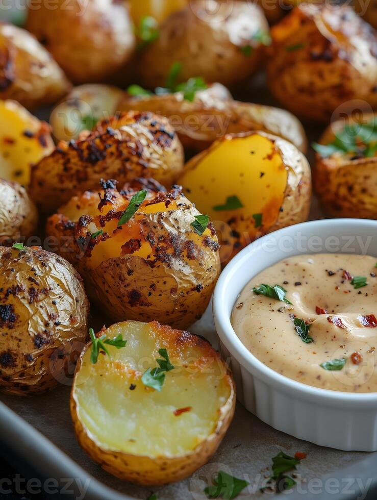 A high-resolution close-up of crispy roasted baby potatoes with golden-brown skin, lightly charred and seasoned with herbs and spices. photo