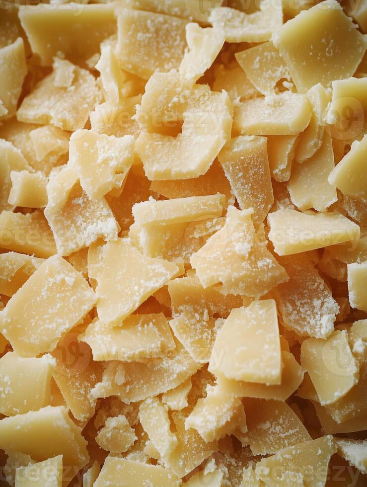 Aged parmesan cheese flakes close-up photo