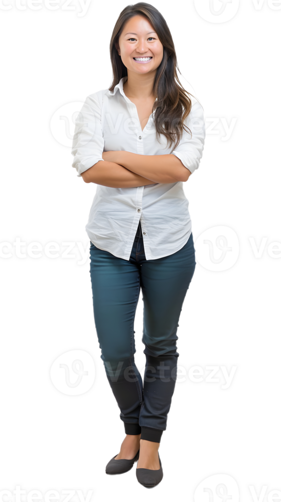 un mujer en un blanco camisa y pantalones en pie con su brazos cruzado png