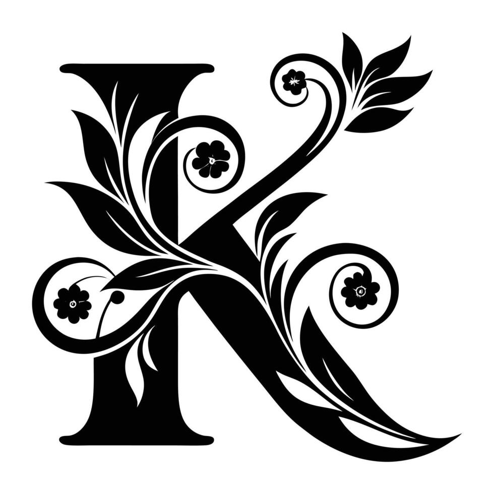 the letter k is decorated with flowers and leaves vector