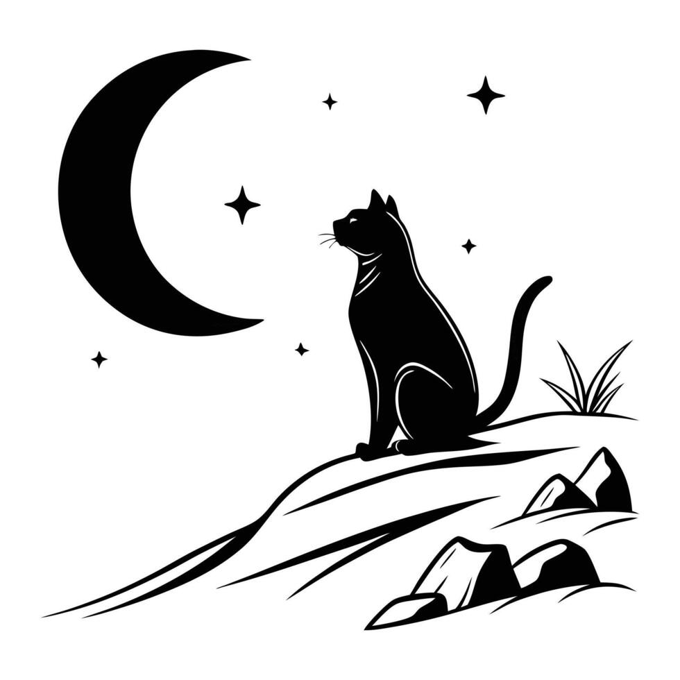 black cat sitting on the hill with the moon and stars vector