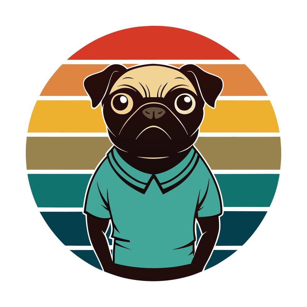 a pug dog wearing a shirt and standing in front of a colorful background vector