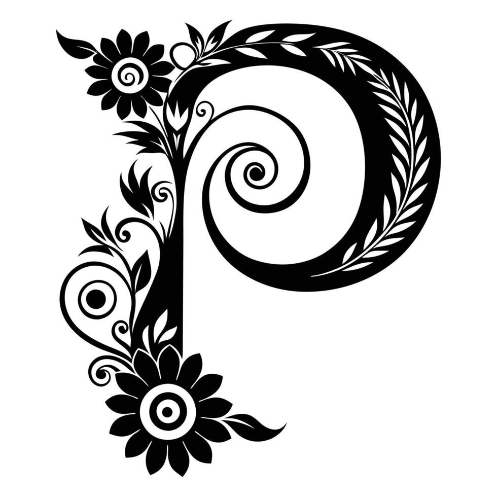 the letter p is decorated with flowers and leaves vector