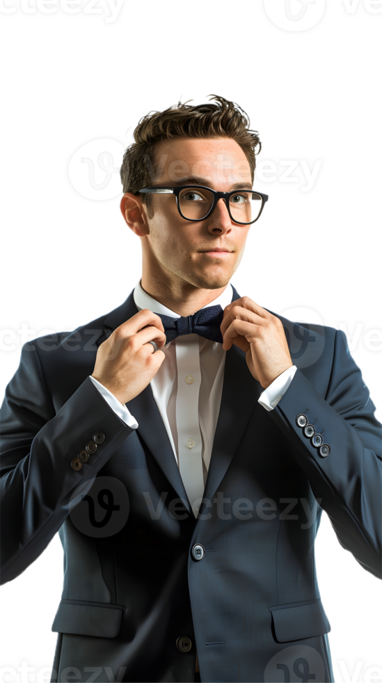 a man in a suit and glasses adjusting his bow tie png