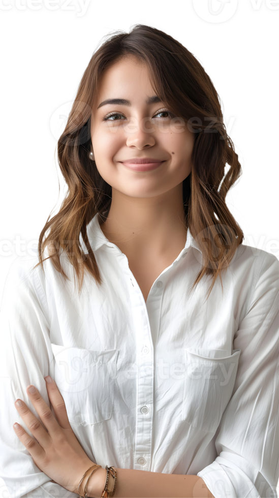 a woman in a white shirt smiling png