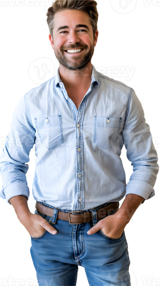 a man in jeans and shirt smiling png