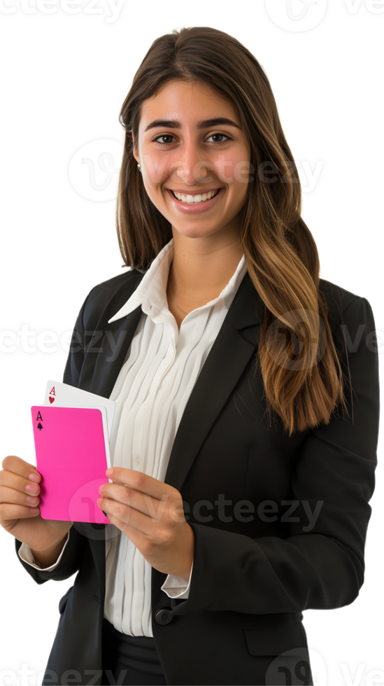 a business woman holding a pink card png