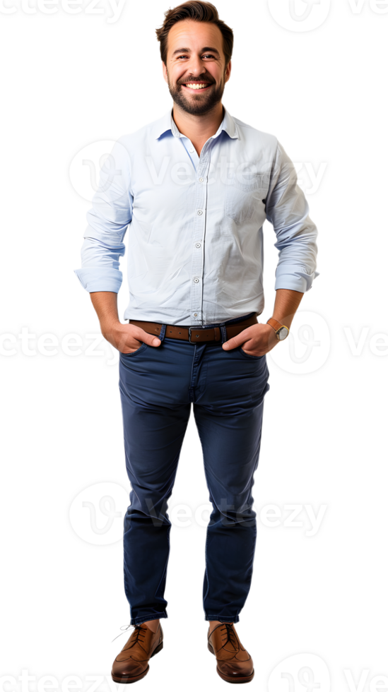 a man in blue shirt and pants standing with his hands in his pockets png