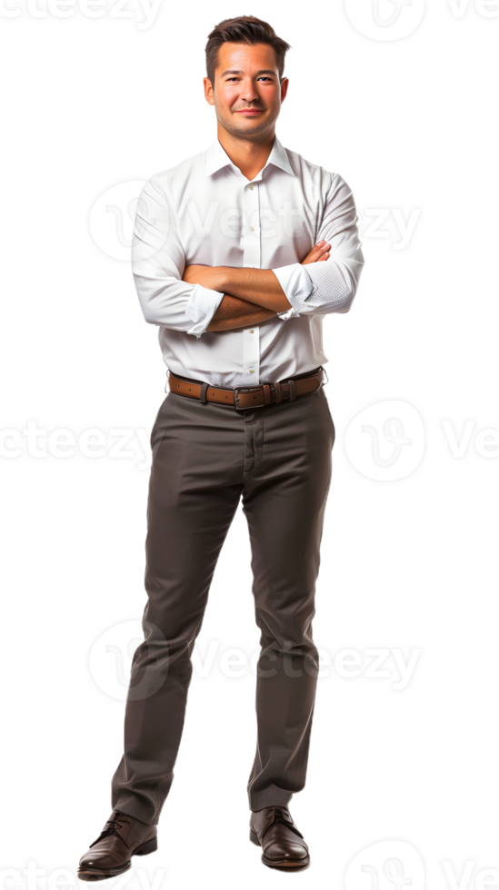 a man in a white shirt and gray pants standing with his arms crossed png