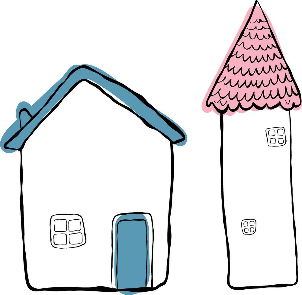 Set of houses, blowing. Children's illustration, hand-drawn, imitation ink. A house with a blue door and a blue roof, a house with a pink roof vector