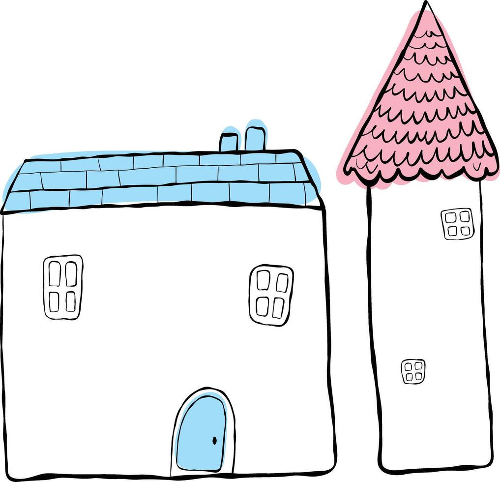 Set of houses, blowing. Children's illustration, hand-drawn, imitation ink. House with a blue roof and a house with a spicy pink roof vector