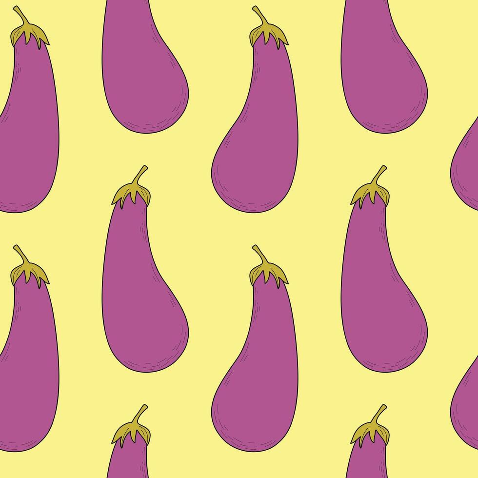 Pattern with eggplants. Vegetable seamless pattern with yellow background vector