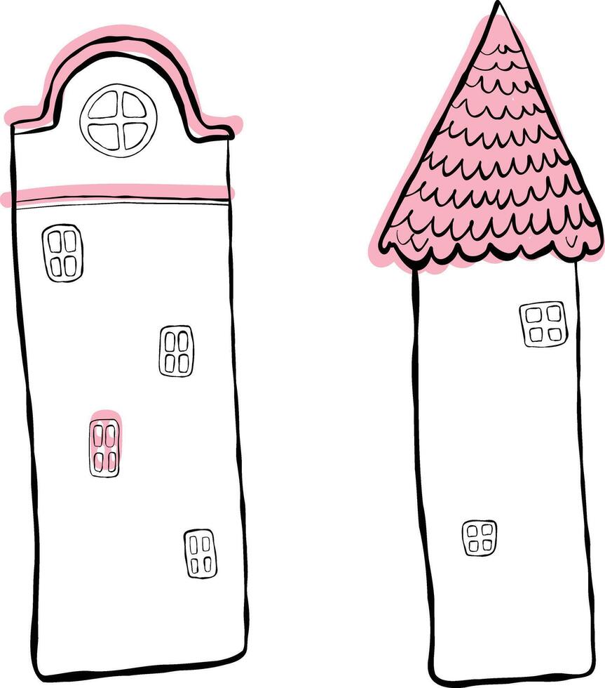 Set of houses, blowing. Children's illustration, hand-drawn, imitation ink. Houses with pink roofs vector
