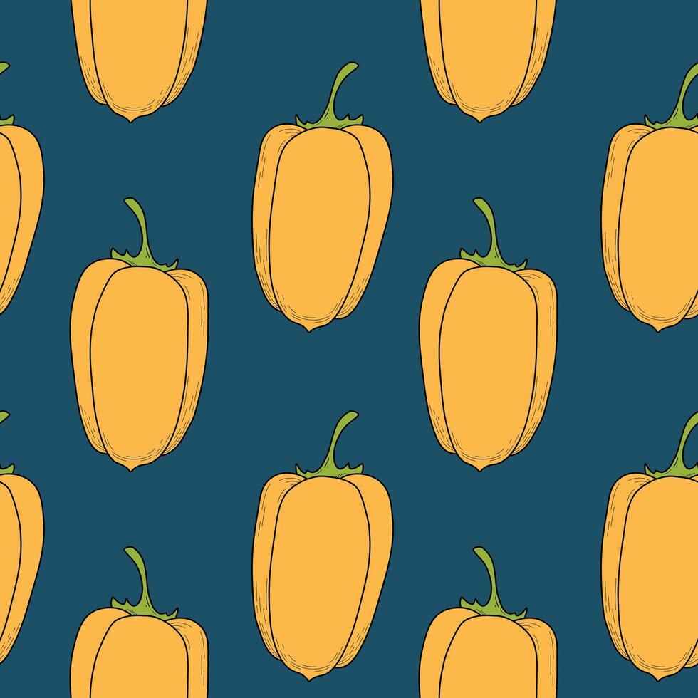Pattern with yellow pepper, Bell peper. Vegetable seamless pattern with blue background vector